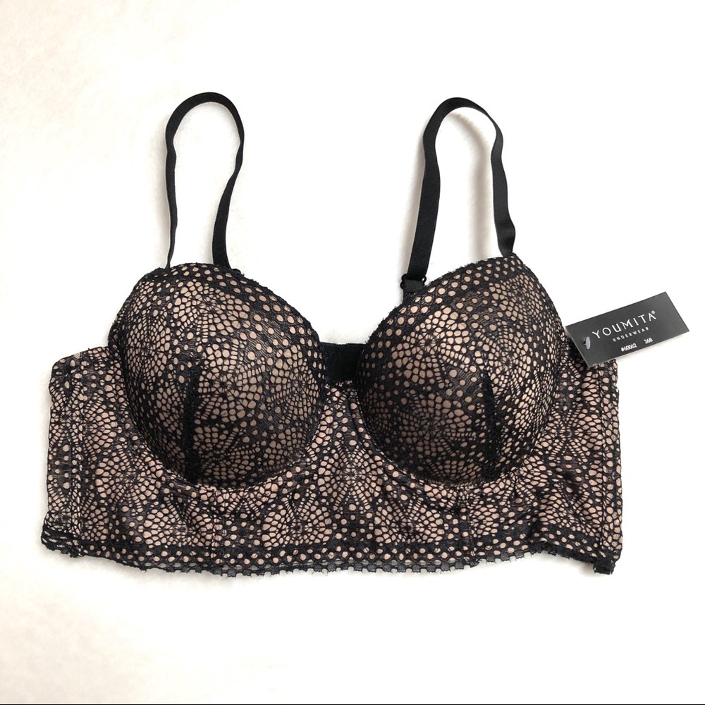 Black Floral Lace Longline Underwire Bra 34 B - Picture 4 of 9
